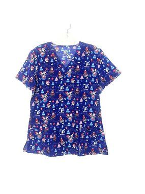 GT Performance Christmas Penguin Print Scrub Top Womens Medium Blue New
